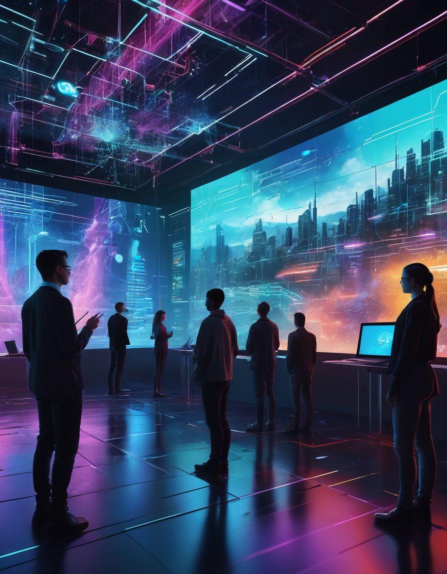 A futuristic digital landscape filled with glowing data streams and floating interactive screens, showcasing people sharing insights and content online. Incorporate diverse individuals engaged in discussions, surrounded by holographic symbols of communication and creativity. The scene should be vibrant and engaging, with elements of technology merging with storytelling. cyberpunk. vibrant colors. 3D.