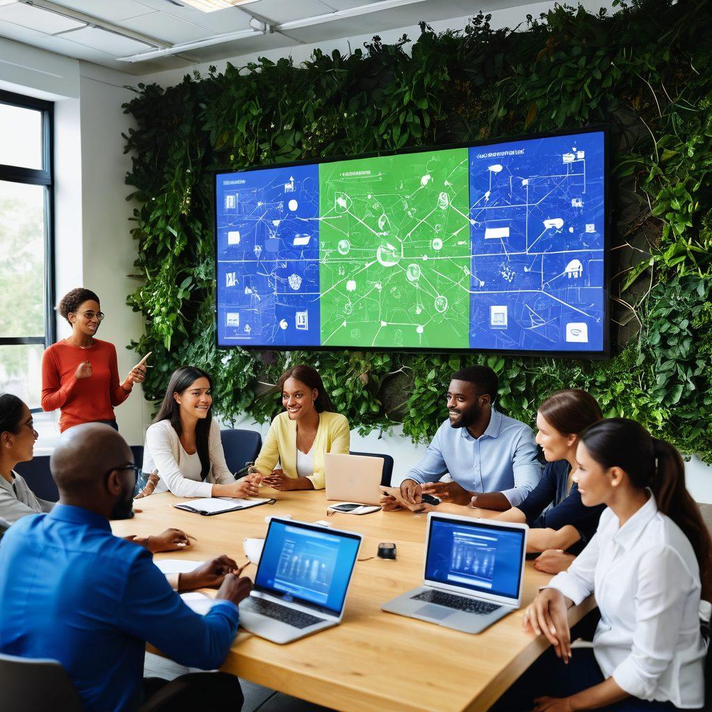 A diverse group of people, representing various age groups and ethnicities, engaging in a lively discussion around a large digital screen displaying interconnected nodes and information sharing. Include elements like smartphones and laptops to emphasize technology in communication. The background should depict a modern workspace infused with greenery to symbolize growth in digital communities. Use vibrant colors to convey energy and collaboration. super-realistic. vibrant colors. modern workspace.