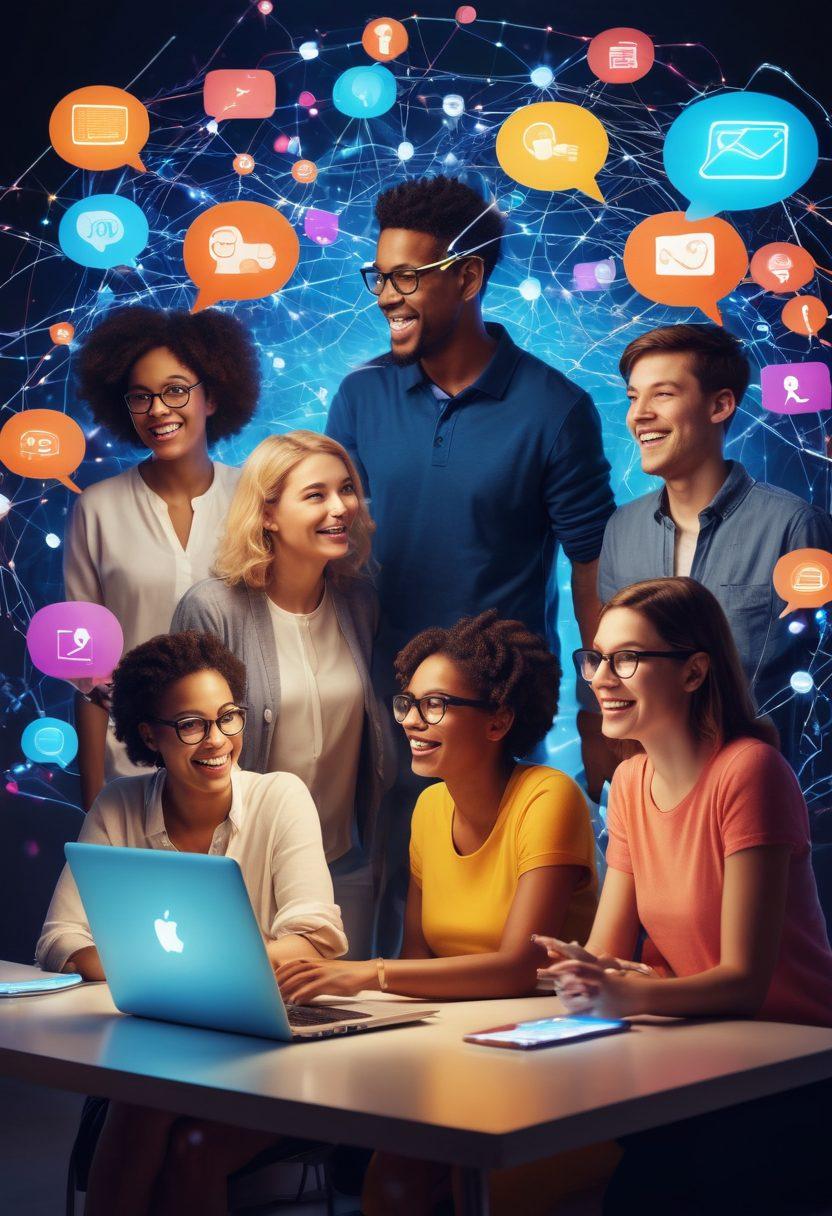 A dynamic scene depicting a diverse group of people engaging in animated online discussions, with floating digital icons representing various topics around them. The background features a glowing network of connections symbolizing the internet, while elements of creativity and collaboration are illustrated through colorful light trails and speech bubbles. The overall mood exudes enthusiasm and inclusivity. vibrant colors. super-realistic.